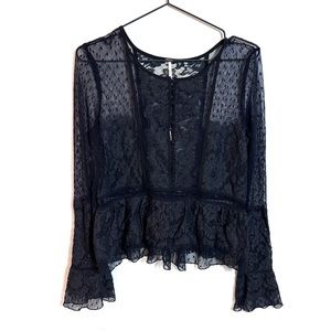 Free People Black Lace Peplum Long Sleeve Top Size Medium
